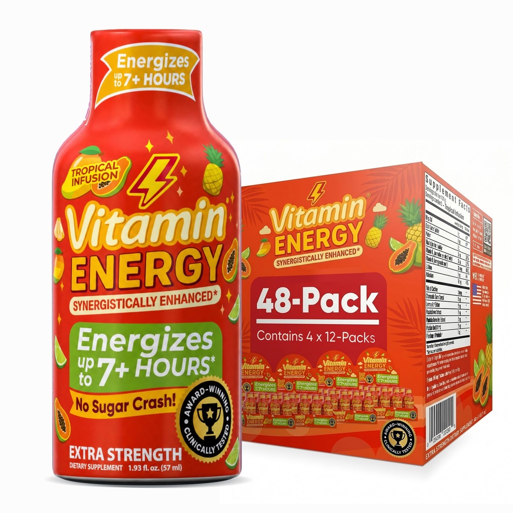 Witamina Energy Focus + Extra Siła Energy Shot Tropical Infusion 48 Pack, 260mg naturalna kofeina, Witaminy, CoQ10, Amino Kwasy, Focus, Produktywność i klarowność, Zero cukru, Gluten- Free, 1,93 fl oz