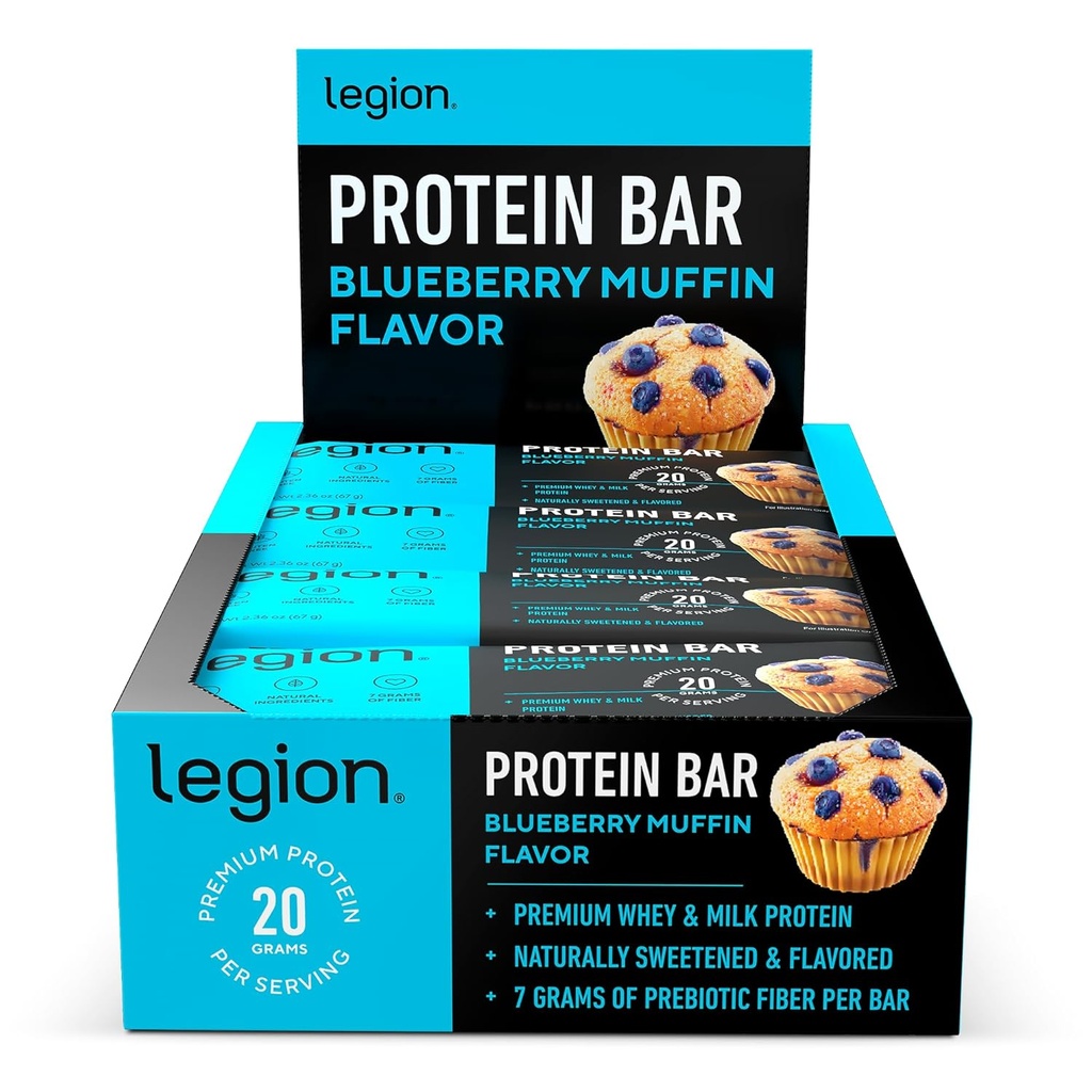 Legion Protein Bar Blueberry Muffin - 100% Białko serwatki, Wolne białka sojowe Bary z włóknem prebiotycznym - Low Fat Healthy Protein Bar - Gluten Free, Naturally Flavored, Low Sugar Protein Bars (12 Hr)