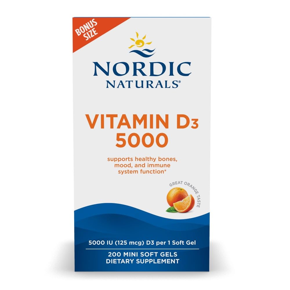 Nordic Naturals Witamina D3 5000, Pomarańczowy - 200 Mini żele miękkie - Wsparcie dla zdrowych kości, nastrojów i układu immunologicznego - Wegetariański - Non-GMO - 200 Służenie