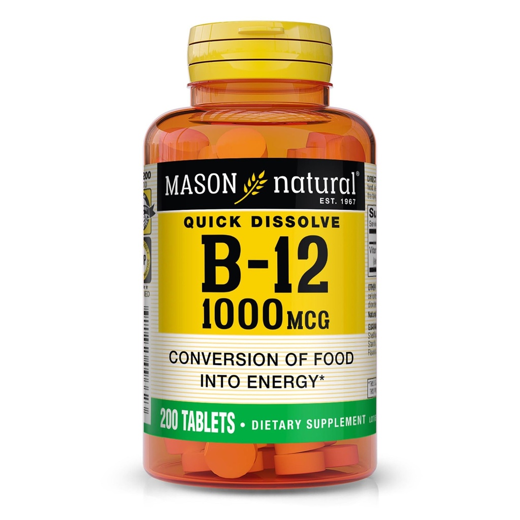 MASON NATURAL B12 1000 µg Szybko rozpuszczalne tabletki do zdrowej konwersji żywności w energię, 200 Day Supply