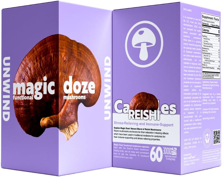 Magic Doze ™ Reishi Suplement Grzybowy Kapsułki - 60 Hrabia, Unwind, Herbal Suplement, Stress Relief, Wsparcie immunologiczne, Wegan, Organic Reishi Składnik