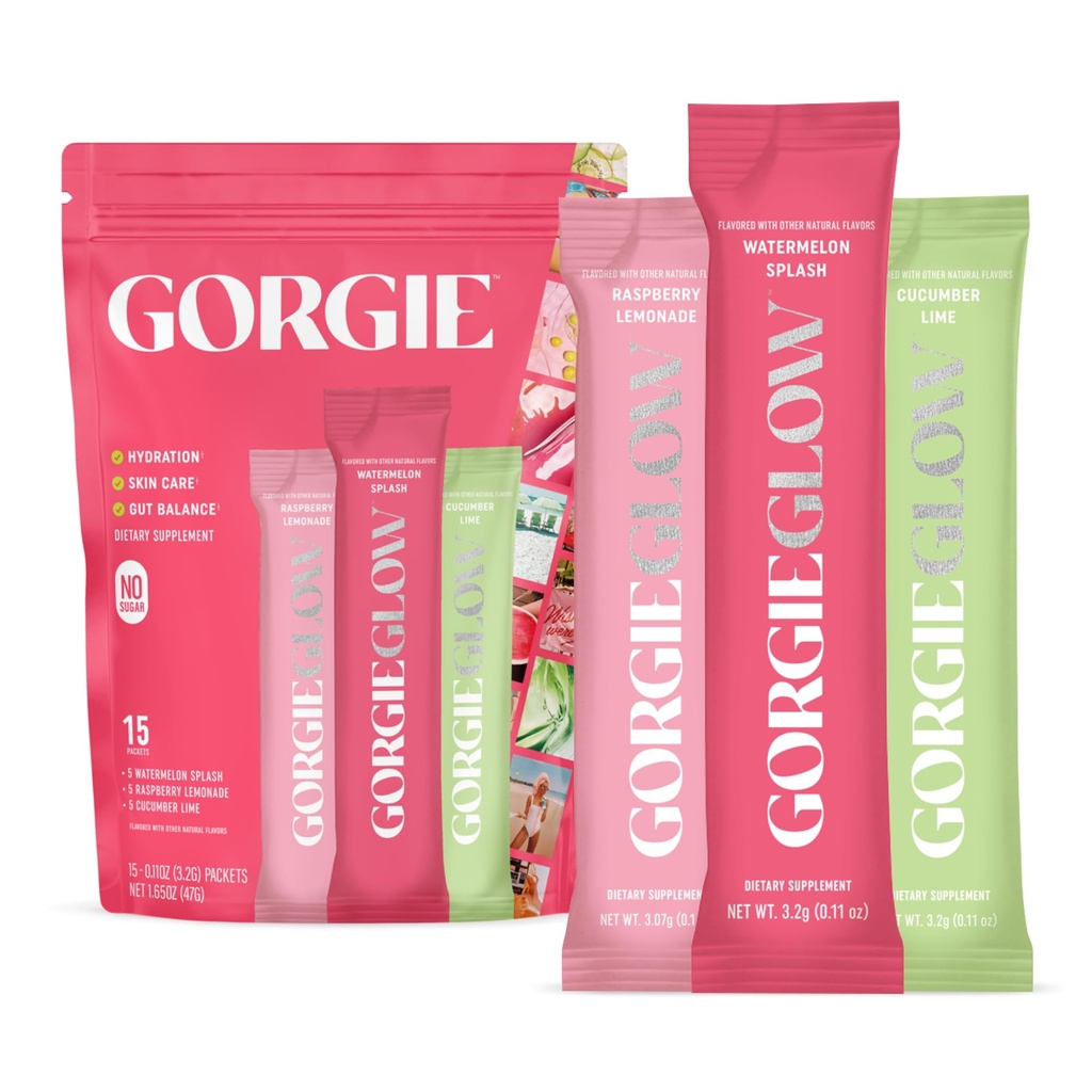 GORGIE Glow Variety Pack 15 Sticks, Electrolyte Powder Healthy Drink Mix, w / Kwas hialuronowy, Akwamina, Witamina C & D, Probiotyki, Brak cukru, Przeciwutleniacze do nawadniania, Pielęgnacja skóry i równowagi gut