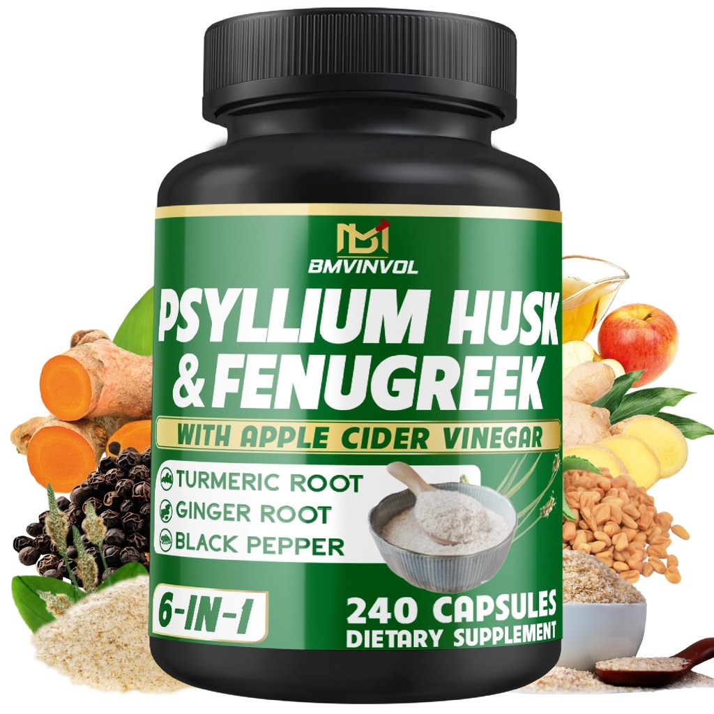 BMVINVOL Psilium Husk Fiber Suplement z kozieradką, Jabłko Cydr Ocet, Turmeric, Ginger, Czarny Pepper- Pokarm Wsparcie zdrowia - 240 Kapsułki