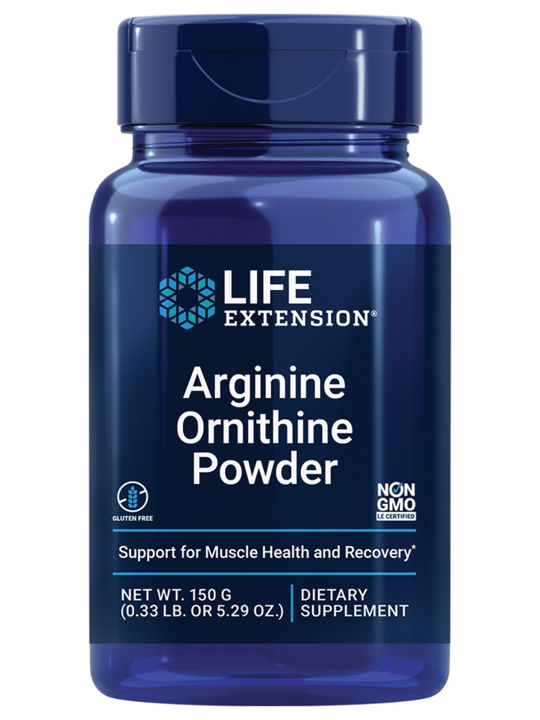 Life Extension Arginine Ornitine Proszek, Promotes Musicle Health & Recovery, Gluten Free, Non-GMO, waga netto 150 gramów