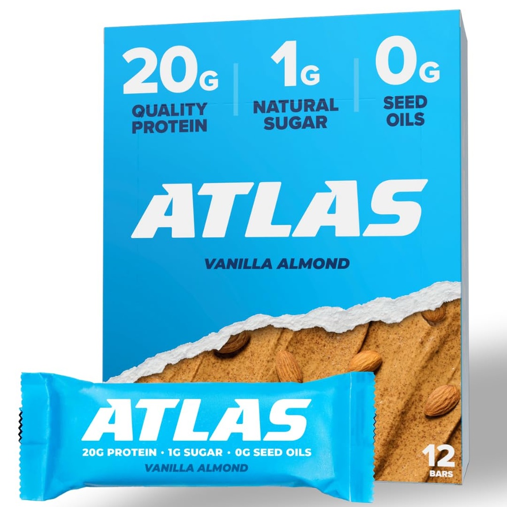 Atlas Protein Bar, 20 g Protein, 1 g Sugar, Clean Ingredients, Gluten Free, Vanilla Almond (12 Count, Pack of 1)