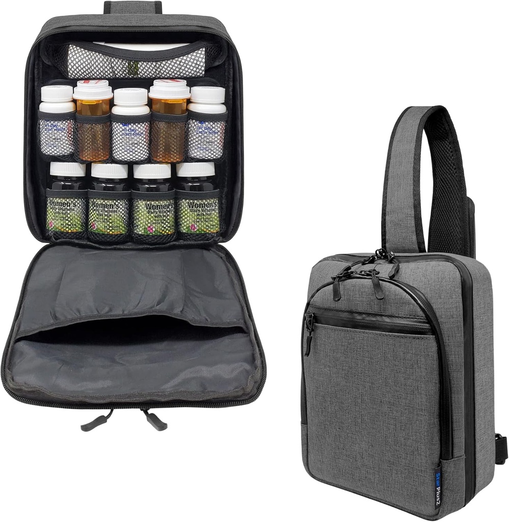 Cross- Body Hands- Free Modular Pill Organizator butelek, Torba medyczna, Case, Przewoźnik do leków, Witaminy i Dostawy medyczne - Heather Gray (Bez blokady)