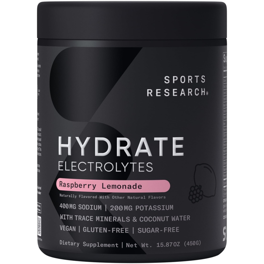 Sports Research ® Hydrate Electrolytes Powder - Bezcukrowy & Naturalny aromat z witamin, minerałów i wody kokosowej - Wspiera nawadnianie - Lemoniada malinowa - 90 Służenia