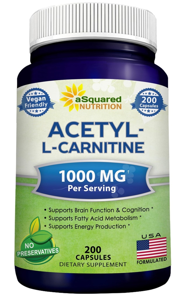 aSquared Nutrition Acetyl L- Carnitine 1000mg Max Siła - 200 Kapsułek Veggie - Wysoka dawka Acetyl L Karnityna HCL (ALCAR) Suplement tabletki do wsparcia czystej energii, Funkcje mózgu i kwas tłuszczowy