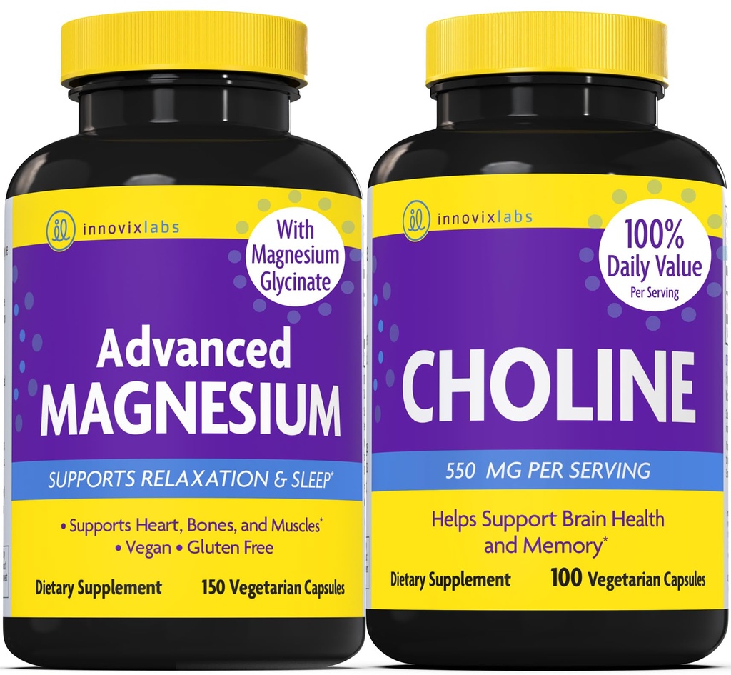 InnovixLabs Choline & Magnez Bundle Choline Bitartrate 550mg (100 kapsułek) Advanced Magnez (150 kapsułek). Wspomaga pamięć, nastroje, zdrowie mózgu i pobudza kreatywność. *