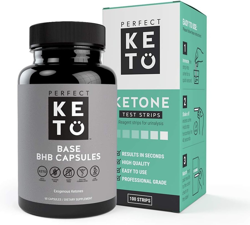 Perfect Keto Exgenous Ketones Base BHB Supplement (60 kapsułek) - Ketogenic Diet Support Weight Management, Energy & Focus - Ketosis Beta- Hydroksymaślan z (100 szt) Keto Strips Bundle