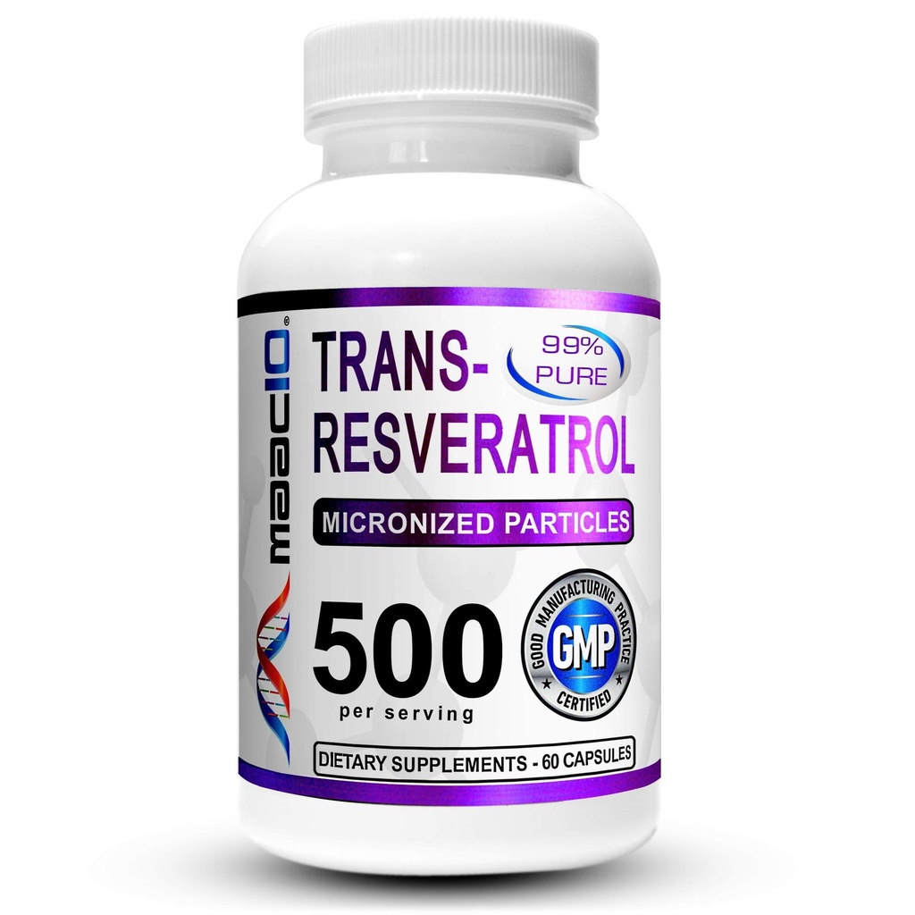 MAAC10 Trans Resveratrol 500 mg Supplement (Micronizowana farmaceutyczna klasa 99% Czysty trans- Resveratrol Extract + BioPerine for Superior Absorption) (2X 250 mg kapsułki 60ct)