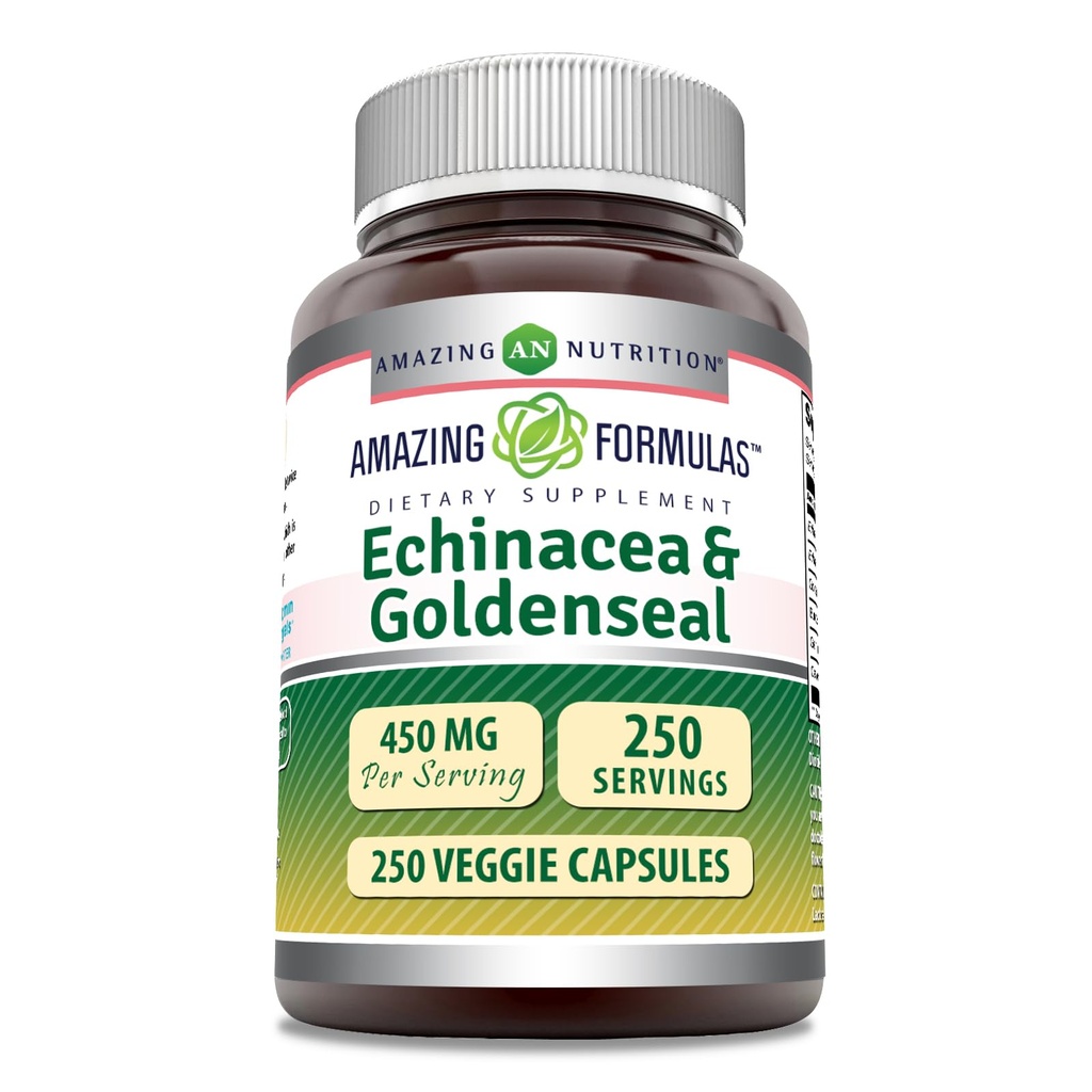 Amazing Echinacea Echinacea z Goldenseal Supplement EX124; 450 Mg EX124; Veggie Capsules EX124; Non- GMO EX124; Gluten Free EX124; Made in USA (1 Pack, 250 Count)