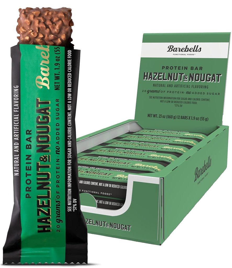 Barebells Protein Bars Hazelnut & Nougat - 12 Hrabia, 1,9oz Bary - Przekąski proteinowe z 20 g wysokiej zawartości białka - Czekoladowy Bar Protein z 1 g Sugarów ogółem - Na Go Protein Snack & Breakfast Bary