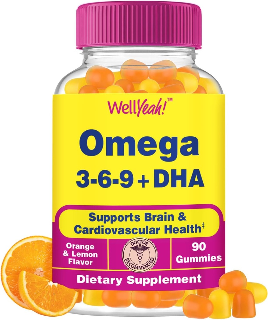 WellYeah Omega 3 6 9 Gummies | with Flaxseed Oil and DHA | Vegetarian Omega 3 Fish Oil Alternative | GMO Free, Gluten Free, Orange & Lemon Flavor | Natural Sourced Colors and Flavors | 90 Count