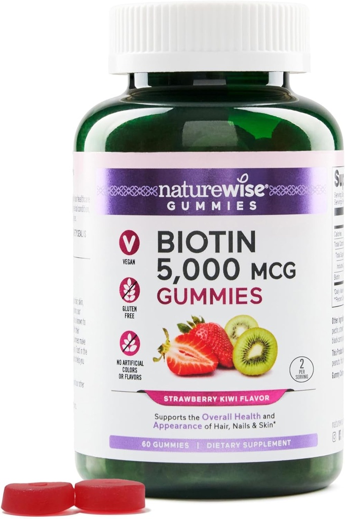 NatureWise Biotin Gummies - Supports Healthy Hair, Skin and Strong Nails - Vitamin B7 5000mcg - Natural Beauty - Strawberry-Kiwi Flavor - Vegan, Non-GMO, Gluten Free - 60 Count[30 Day Supply]