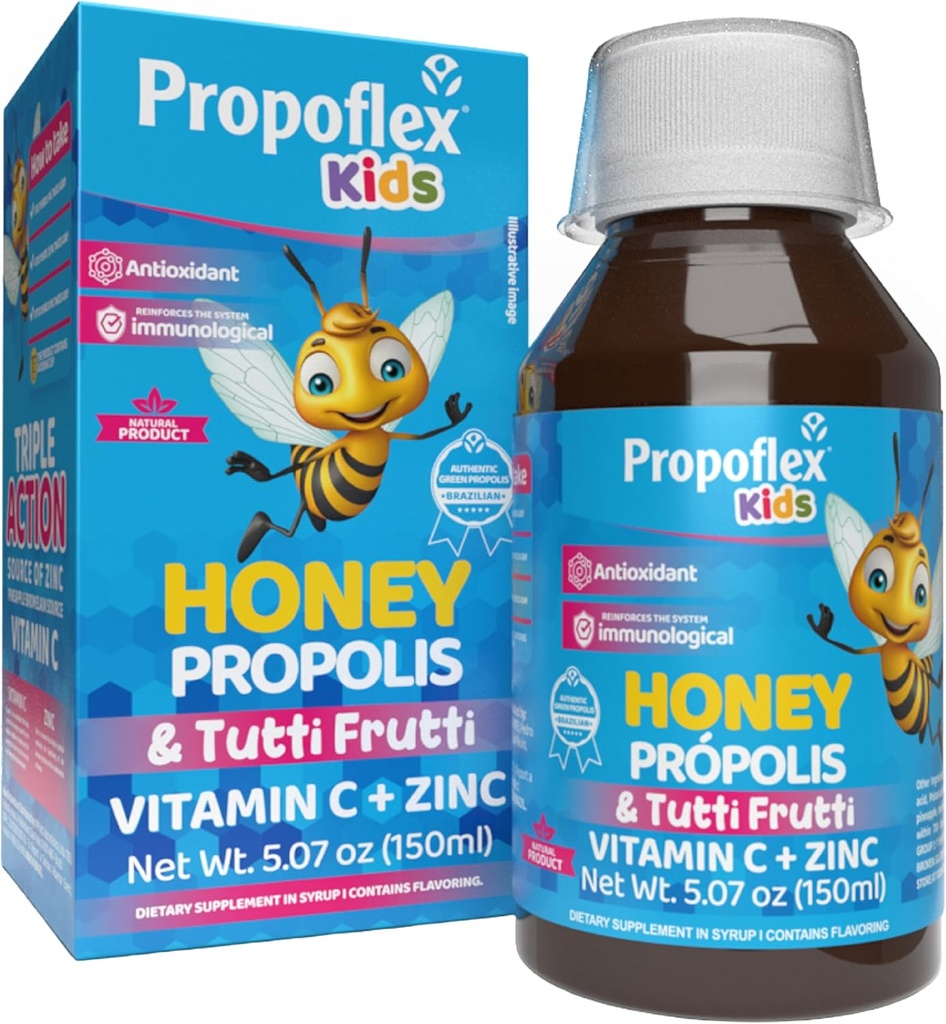 Beelife Bee Propolis Syrop kasztanowy Kids - Triple- Action - Syrop naturalny, Brazylijski zielony Propolis, Cynk, Bromelain, Witamina C - Wsparcie odporności i odzyskiwania - z Brazylii, Tutti Fruit Flavor, 150 ml