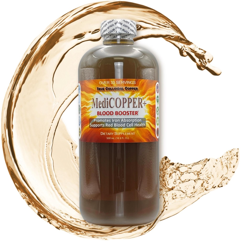MediCOPPER ® Plus Blood Booster True Colloidal Copper CuNP Nutritional Supplement - 500 ml w przezroczystej plastikowej butelce
