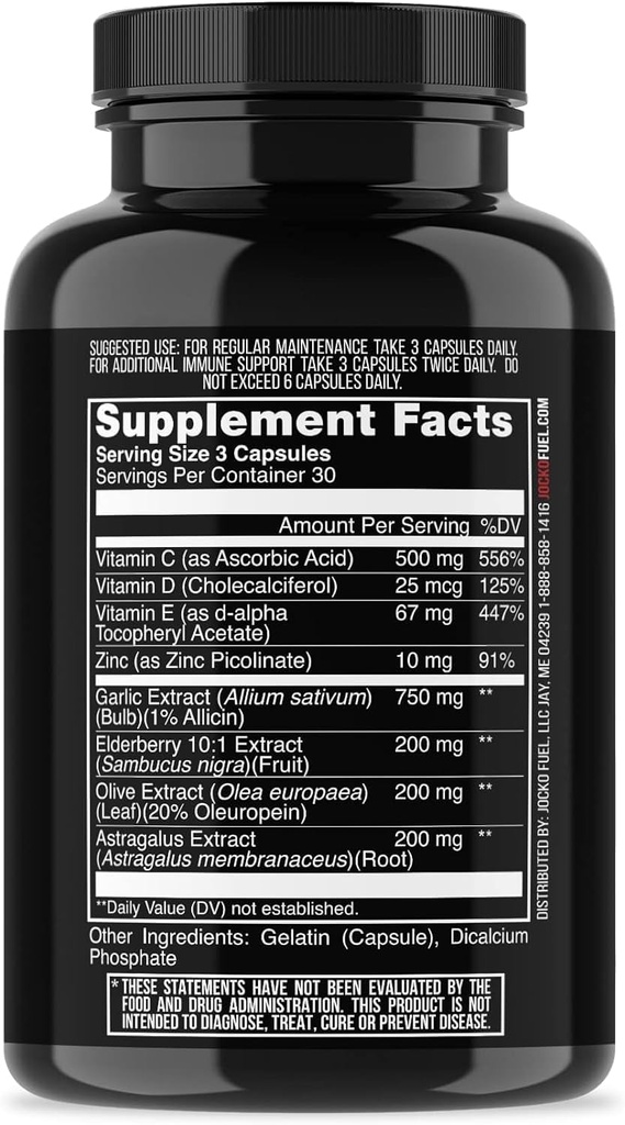 Jocko Paliwo Immune Supplement - Elderberry z cynkiem i witaminą C dla dorosłych - Immune Defense z witaminą C, D3, Superfoods, Zioła, & Minerały (90 Kapsułki)