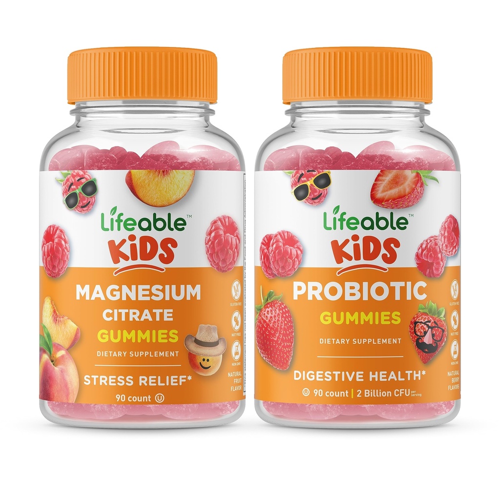 Żywe dzieci z cytratem magnezu + Probiotyczne 2 Miliard dzieci CFU, Gummies Bundle - Great Desting, Suplement witaminy, Gluten Free, GMO Free, Gummy do żucia