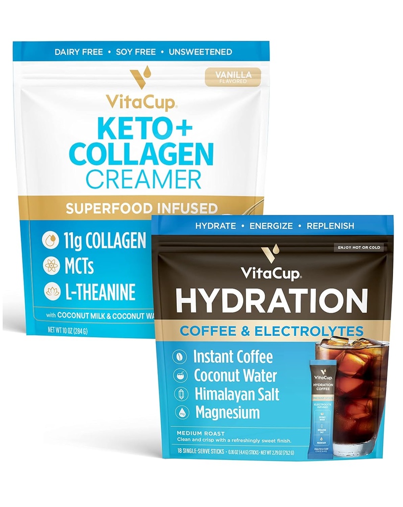 VitaCup Hydration Instant Coffee Sticks w / Elektrolity, Woda kokosowa, Średnio Roast 18ct & Keto + Collagen Vanilla Coffee Creamer w / Superfoods & MCTs, 10 oz