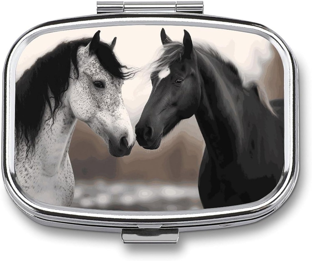 Black and White Horses Square Pill Box, 2 Ozdobne pudełko kieszonkowe na kieszonkowe lub torebki przenośne Mini Travel Medicine Tablet Witamina Holder Organizer Pill Case