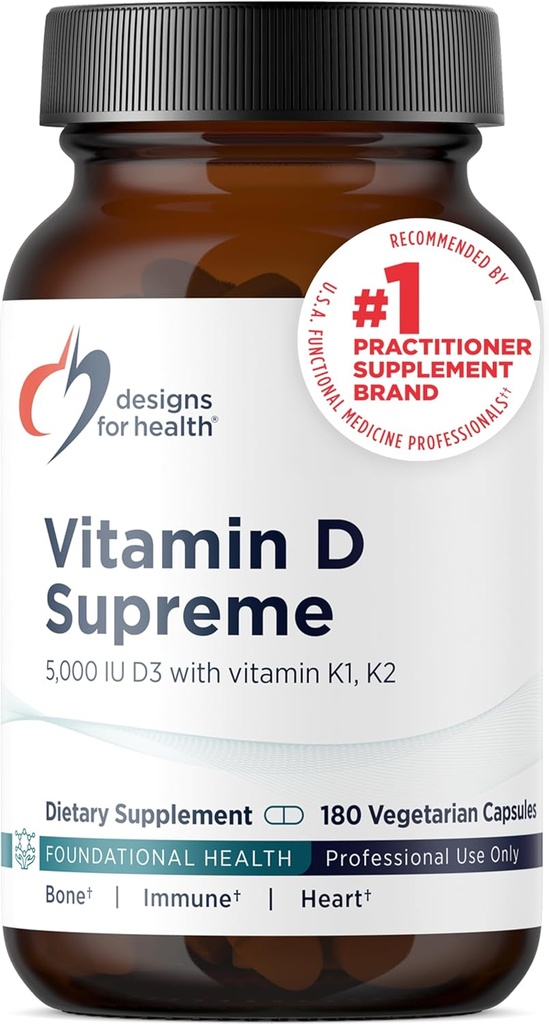 Designs for Health Vitamin D Supreme - Vitamin D 5000 IU with 2000mcg Vitamin K as MK4 for Bone Health, Heart Health, Mood & Immune Support - Vitamin D3 Enhanced with GG Supplement (180 Capsules)