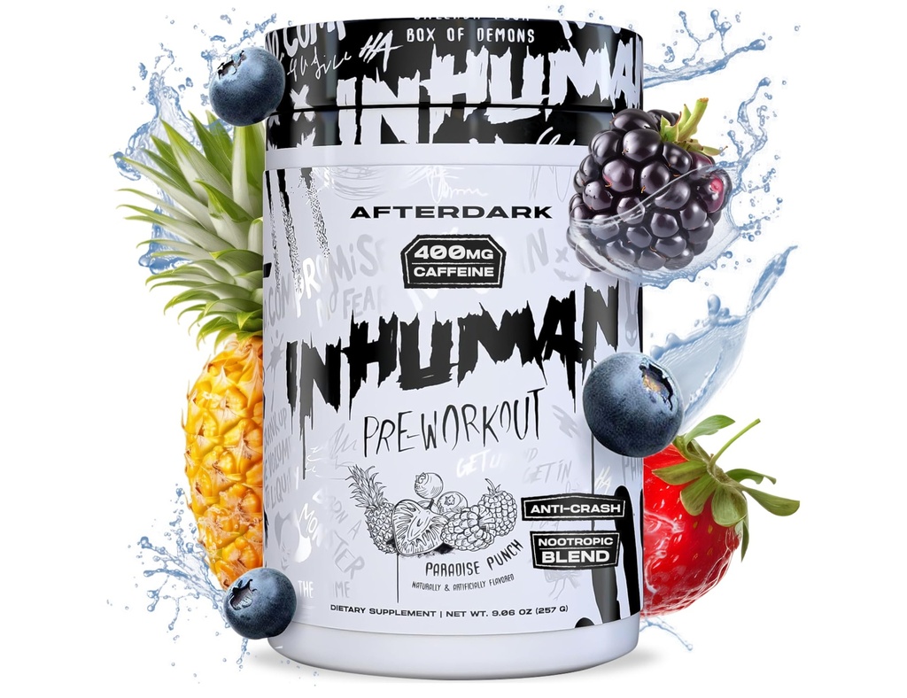AFTERDARK INHUMAN Proszek do przygotowania do ćwiczeń, Wzmocnione połączenie mięśni Mind-, Trwała energia, mocny mieszanka nootropowa, Wegan, Gluten- Free, Soy- Free, 400mg kofeina, No Crash, Paradise Punch