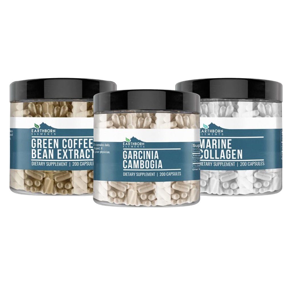 Ziemskie elementy Garcinia Cambogia, Green Coffee Bean, & Marine Kolagen Bundle (200 Kapsułki każdy), Czysty i nierozcieńczony, Brak dodatków