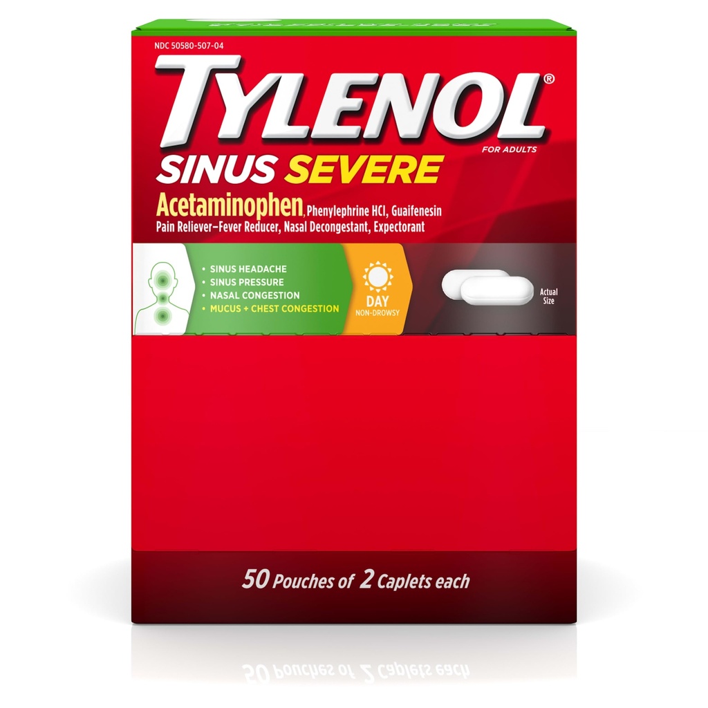 Tylenol Sinus Ciężki dzień Kapsułki z Acetaminofen 325mg, Guaifenesin 200mg & Fenylephrine HCl 5mg, Non- Drowsy Reliever Pain, Expectorant & Nasal Decongestant, 50 Opakowania podróży po 2
