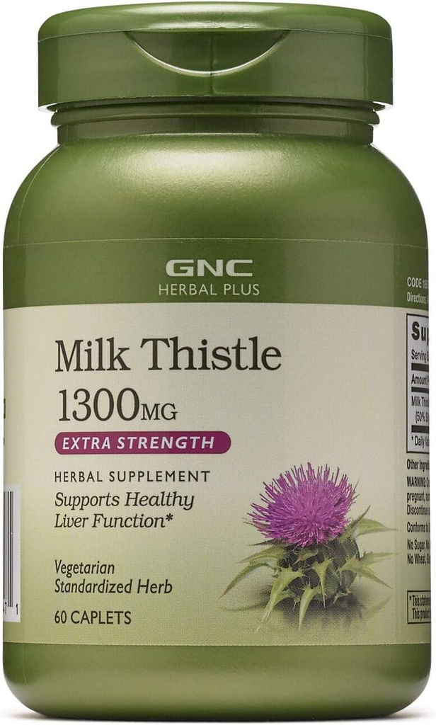 GNC Ziołowy Plus Mleko Thistle 1300mg Suplement, Dodatkowa siła, Wegetarianin, Wspiera zdrowe czynności wątroby, 60 Służenie