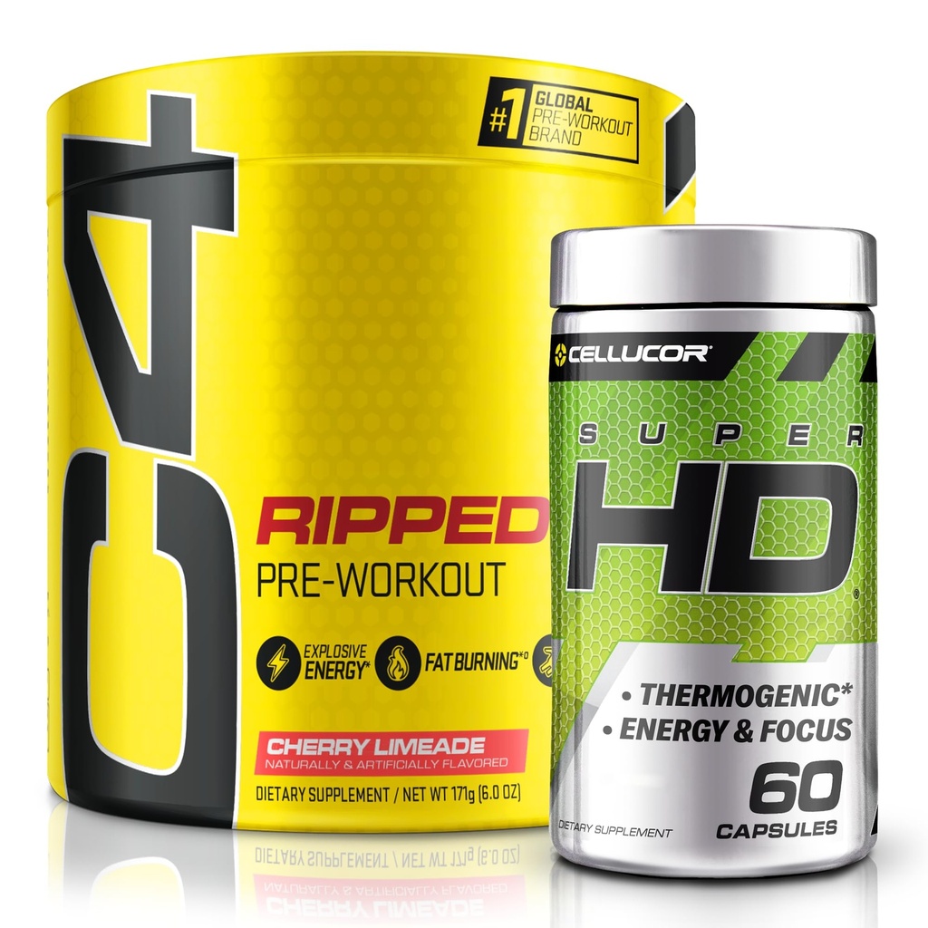 C4 Ripped & SuperHD, Termogeniczny Pasek, C4 Ripped Pre Workout Powder, Cherry Limeade 30 Służenia + SuperHD z Capsimax i Green Tea Extract, 60 Służenia