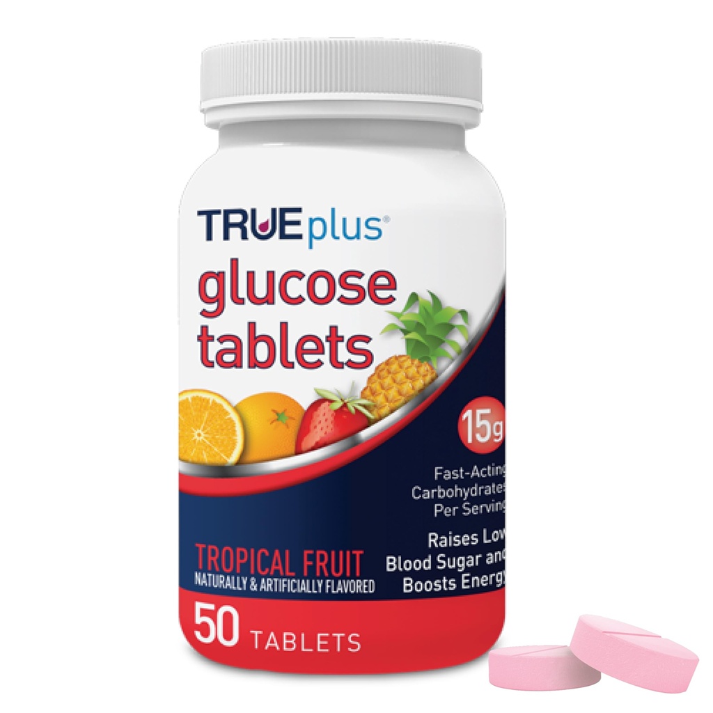 TruEplus ® Tabletki z glukozą, Tropikalny aromat owocowy - butelka 50ct