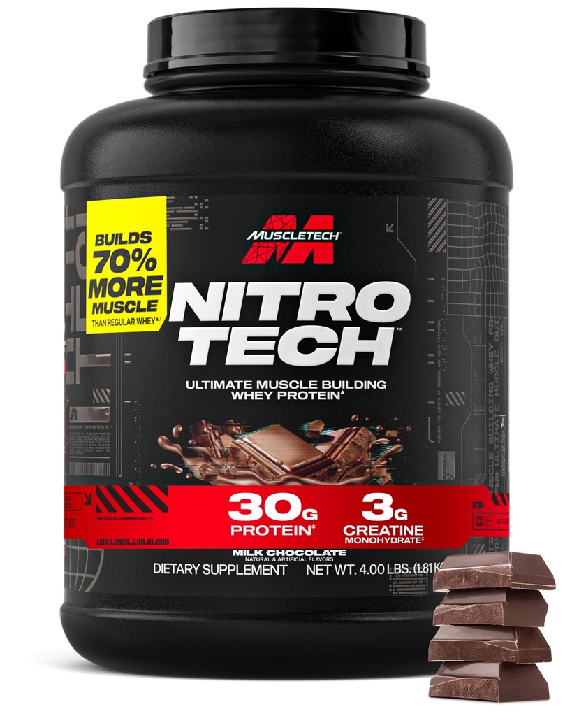 Muscletech Serwatka w proszku (Czekolada mleczna, 4 funty) - Nitrotech Ultimate Muscle Building Formula z izolatem serwatkowym białka - 30 g białka, 3 g kreatyny i 6,8 g BCAA - Packaging May Vary