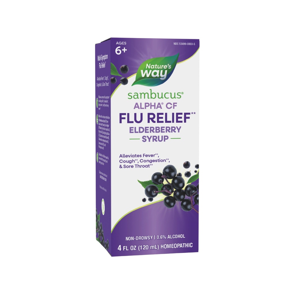 Nature 's Way Sambucus Alpha CF Flu Relief * Elderberry Syrup with Sambucus nigra 3X and Alpha CF, Relieves Flu Symples *, 4 Fl Oz (Packaging May Vary)