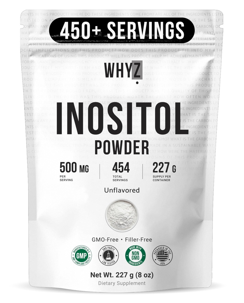 Myo- Inositol Proszek 8oz, Natural Myo Inositol Suplement do Wspomagania jajników, płodności i równowagi hormonalnej, Czysty Inositol Proszek, Myo- Inositol Suplement dla Energii, Zdrowie mózgu, 454 Służenie