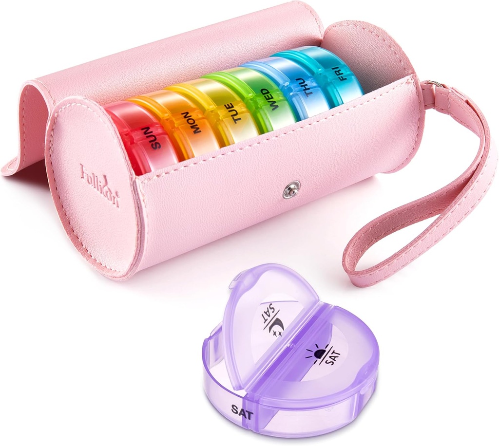 Fullicon PU Case Weekly Pill Box Organizator 2 razy dziennie, Podróże 7 dni Pill Pudełka, Przenośne tabletki Organizator medycyny, Medycyna, Witamina, Suplementy oleju rybnego (Pink / Rainbow)