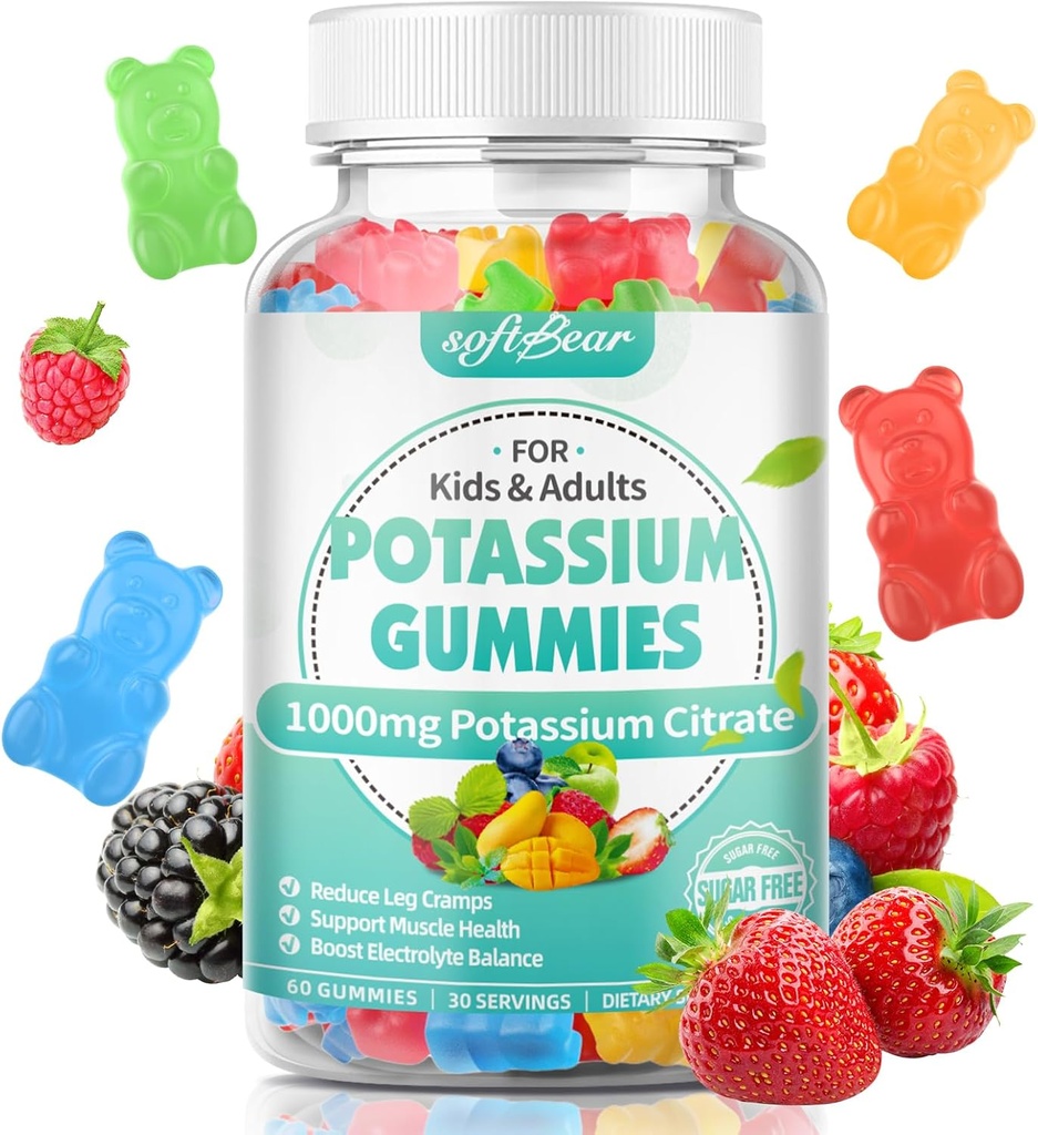 softbear Potasu Citrate Gummies, Wysoka potencja Potasu Citrate 1000mg Supports Noga Cramps & Mięśnie Zdrowie Potasu Gummies dla dorosłych i dzieci Mieszany aromat owocowy 60 Count
