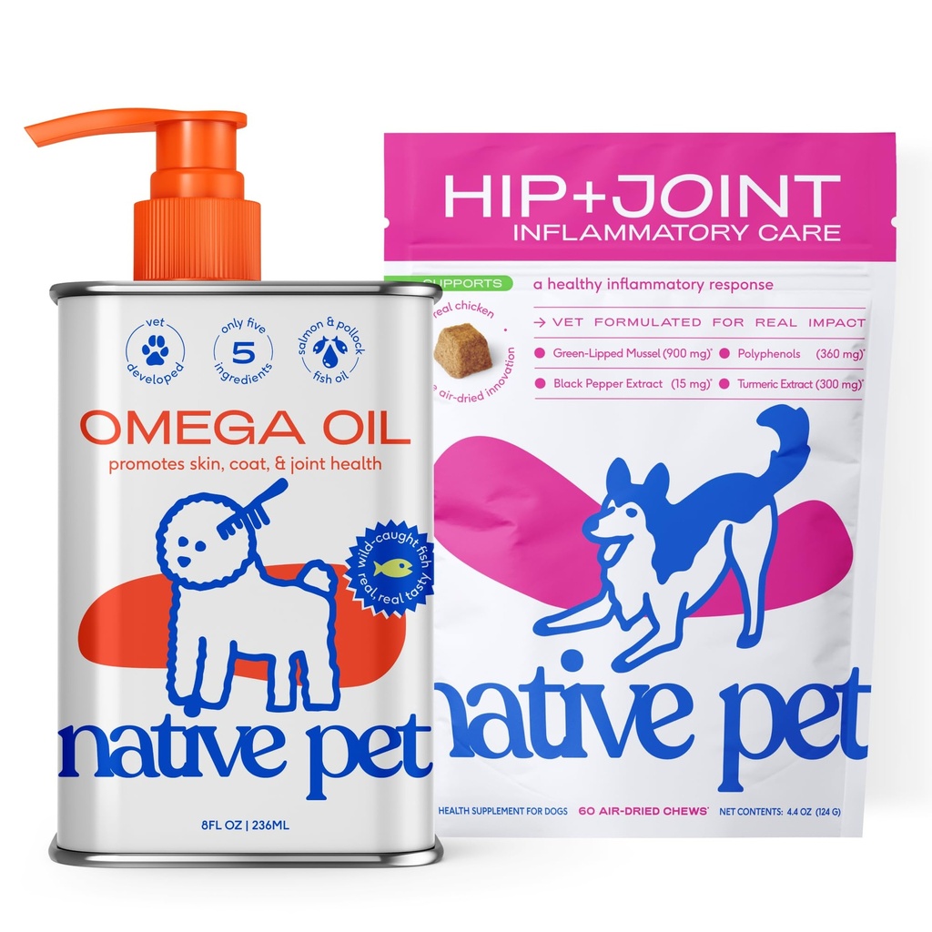 Native Pet Omega Oil for Dogs 8 Oz - Fish Oil Supplements & Relief - Anti- Inflammational Chews for Dogs - 60 Chews - Suplement do zapalenia stawów & Joint Pain Relief