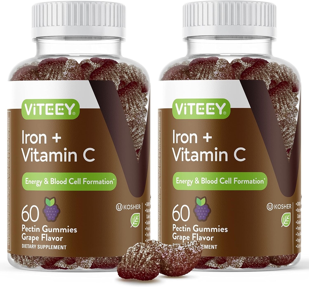 Żelazne gumki VITEEY - Żelazo z witaminą C - Energia, Wsparcie dla Boodów i Suplement do Anemii dla Kobiet i Mężczyzn - Wegan, Gluten Free - 120 Count