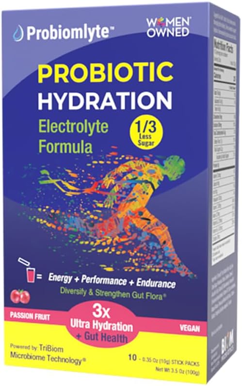 Probiolyte Probiotic Hydration Amplifier. Elektrolity + Kluczowe witaminy + Probiotyki + Prebiotyki + Postbiotyki + Citrulina 124; Lepsza wytrzymałość, Wydajność, Energia, Gut Zdrowie 124; Pasja Owoce 124; 10 Kije