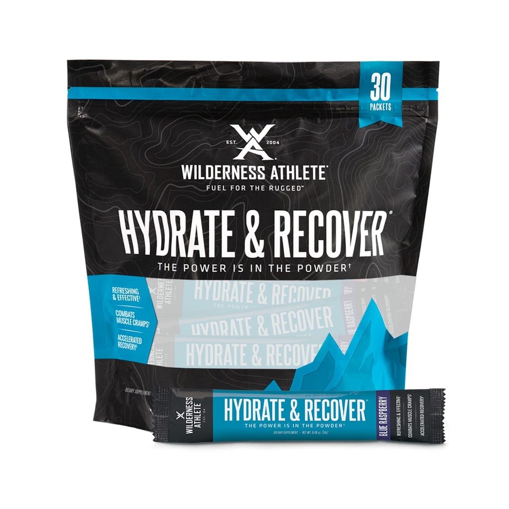 Wilderness Athlete - Nawodnienie i odzysk 124; Płynne pakiety nawodnienia Electrolyte Drink Mix - Odzyskiwanie szybciej z Bcaas - 30 Pojedyncze podawanie pakietów Hydrate (Blue Malina)