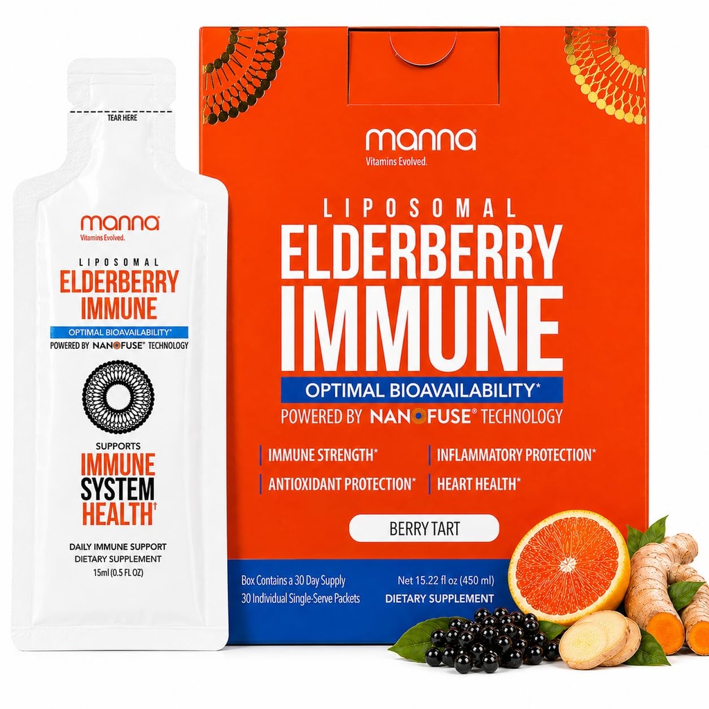Manna Vitamin Evolved Liposomal Elderberry immunologiczne Pakiety, Witaminy C, D itp. - Codzienne wsparcie immunologiczne dla dorosłych, Dzieci - Bez cukru, Real Elderberry Extract, Syrop, Przyjazny dla podróżujących, 15 Pack