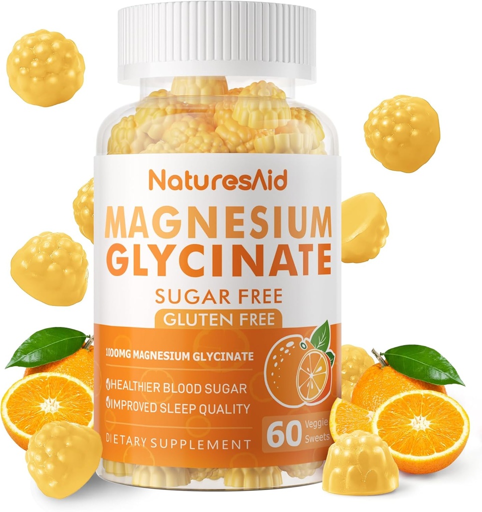 Glucynian magnezu Gummies 1000mg - Suplement potasu bez cukru Magnezu z witaminą D, B6, CoQ10 dla uspokojenia nastrojów i wsparcia snu - 60 Pomarańczowych Gummies -1 Pack