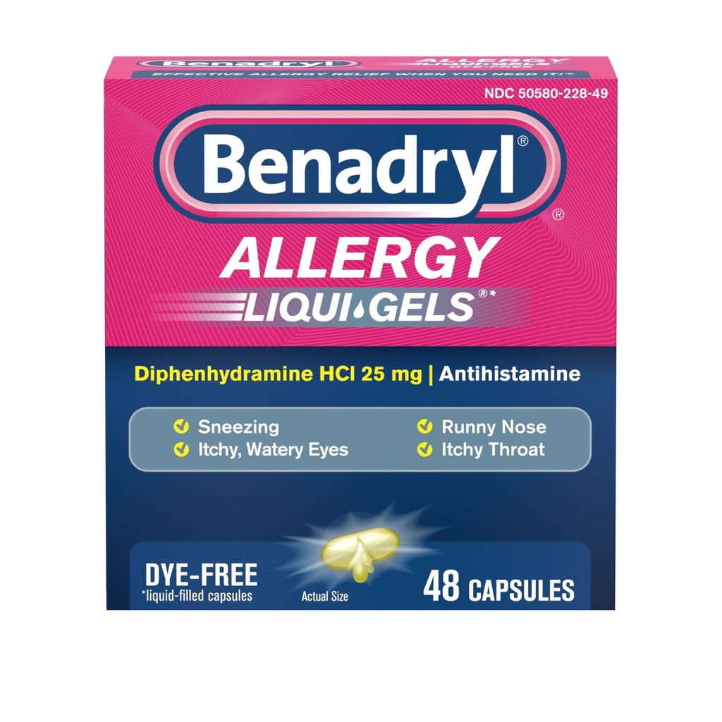 Benadryl Liqui- Żele Antyhistaminowe Leki alergiczne & Zimne objawy Relief, Płynne żele Dye- Free z 25 mg HCl difenhydraminy dla objawów takich jak, Nose Runny, Kichanie & Więcej, 48