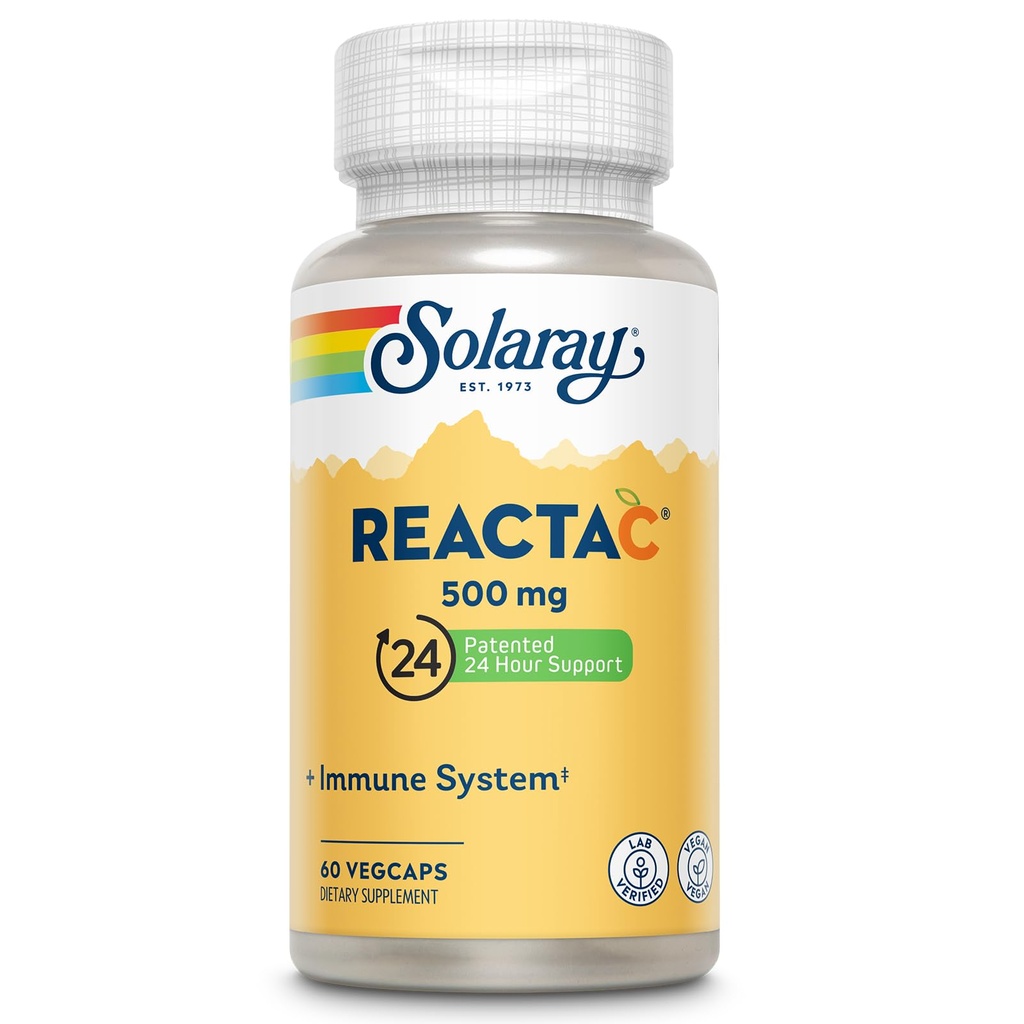 SOLARAY Reacta- C z witaminą C 500mg - 200mg Koncentrat bioflawonoidowy, Witaminy immunologiczne - Opatentowany 24-godzinny suplement wsparcia immunologicznego - Wegan - 60 Kapsułki, 60 Służenie