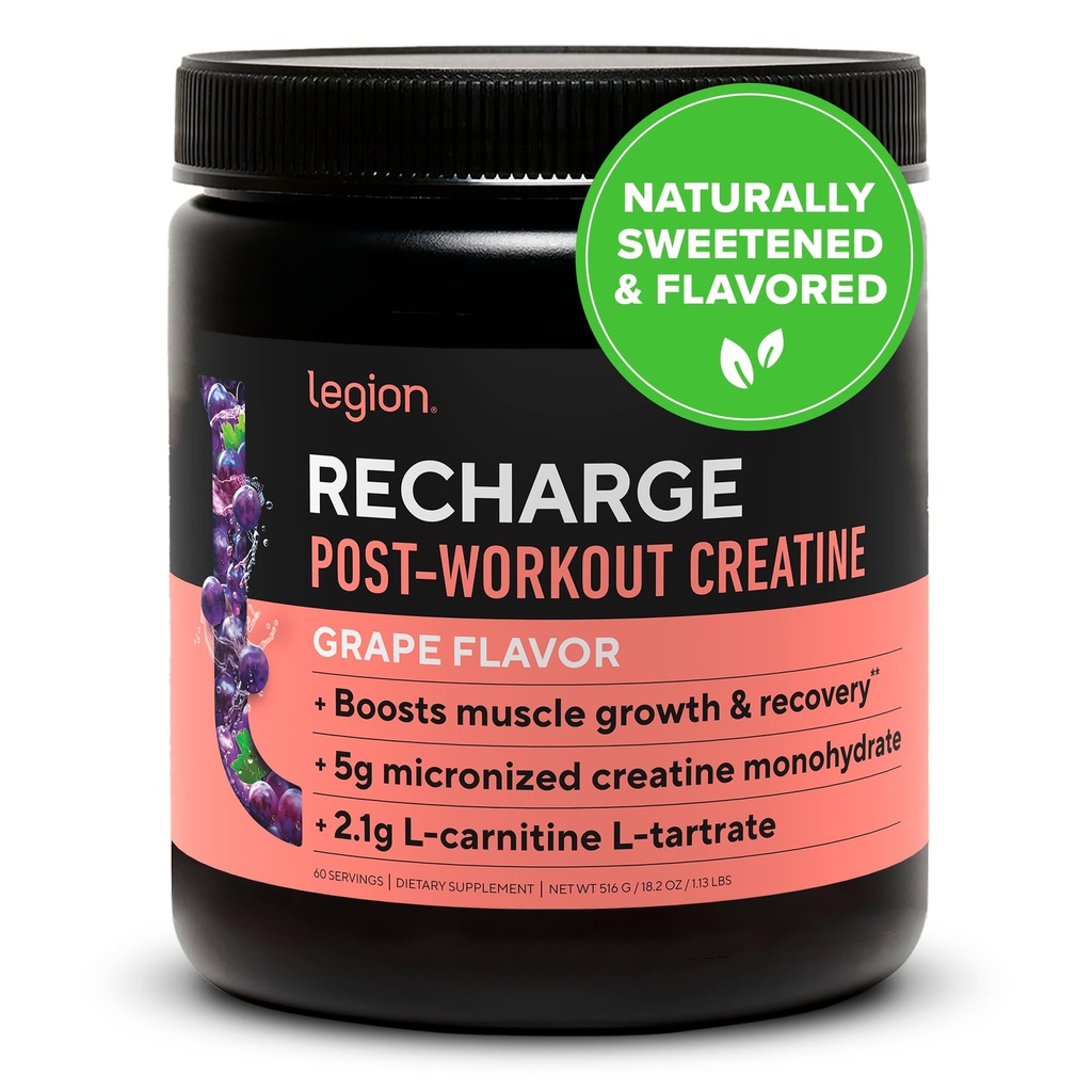 Legion Recharge Post Workout Supplement - All Natural Muscle Builder & Recovery Drink with Micronized Creatine Monhydrate. Naturalnie słodzone i pachnące, bezpieczne i zdrowe. (Grape, 60 Serving)