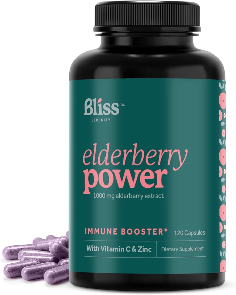 Elderberry z cynkiem i witaminą C dla dorosłych - Sambucus Elderberry Kapsułki - 1000 mg Extract, Suplement immunologiczny dla kobiet i mężczyzn, z przeciwutleniaczem mieszanka owoców, 120 Vegcaps, 60 Day Supply