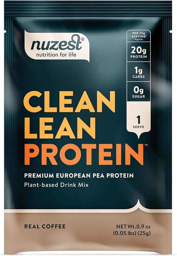 Nuzest - Proszek z protein grochowych - Białko o czystej barwie, Proszek z protein roślinnych Premium, Bezmleczny, Bez glutenu, Bez GMO, Naturalnie Sweetened Protein Shake, Kawa prawdziwa, 1 Serving, 0,9 oz