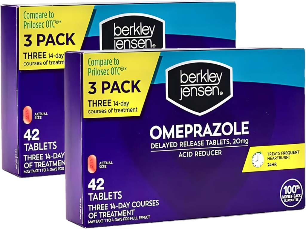berkley jensen Omeprazol 20 mg Opóźnione tabletki uwalniające - Heartburn Medicine- Acid Reducer Pills - Leczenie często Heartburn - 3 x 14- dniowe kursy, 42 Liczba (Opakowanie 2)