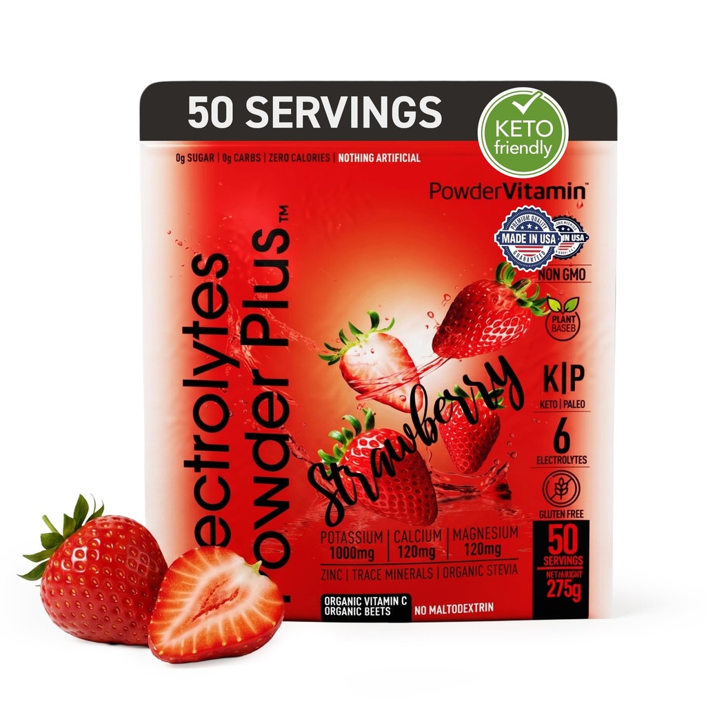 PowderWitamina Electrolytes Proszek Plus Keto, Truskawka (50 Servings) 0 Cukier, No Maltodekstryna, 1000mg potasu, 120mg wapnia, 120mg magnezu, Organiczna witamina C, Zero kalorii, Energia Hydration Proszek